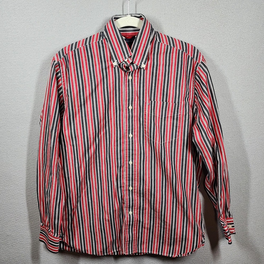 Vintage Tommy‎ Hilfiger Shirt Mens Small Red Black Stripe Button Down Y2K